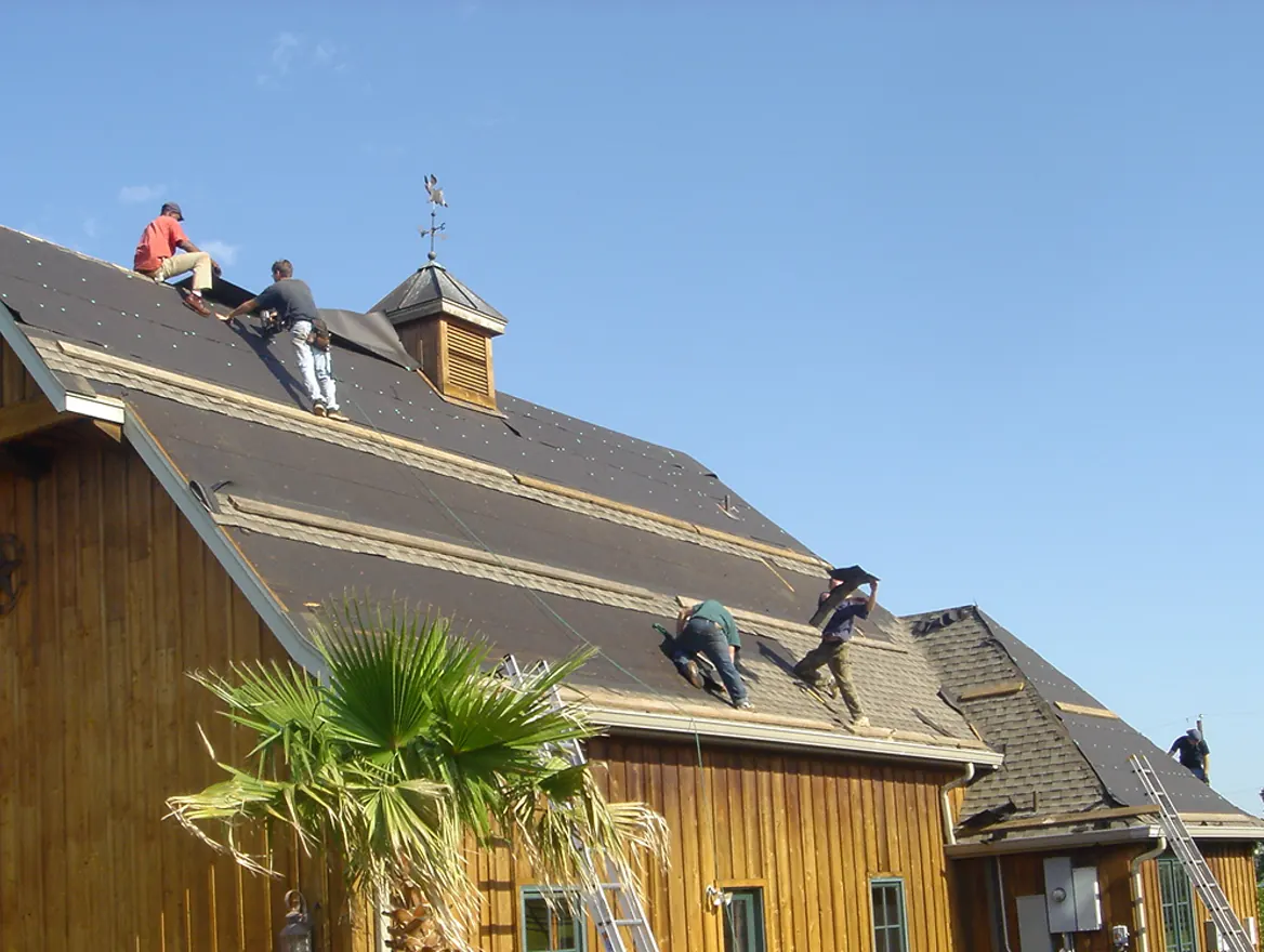 Roofers working on the steep roof of a wooden barn with a cupola, with ladders against the wall